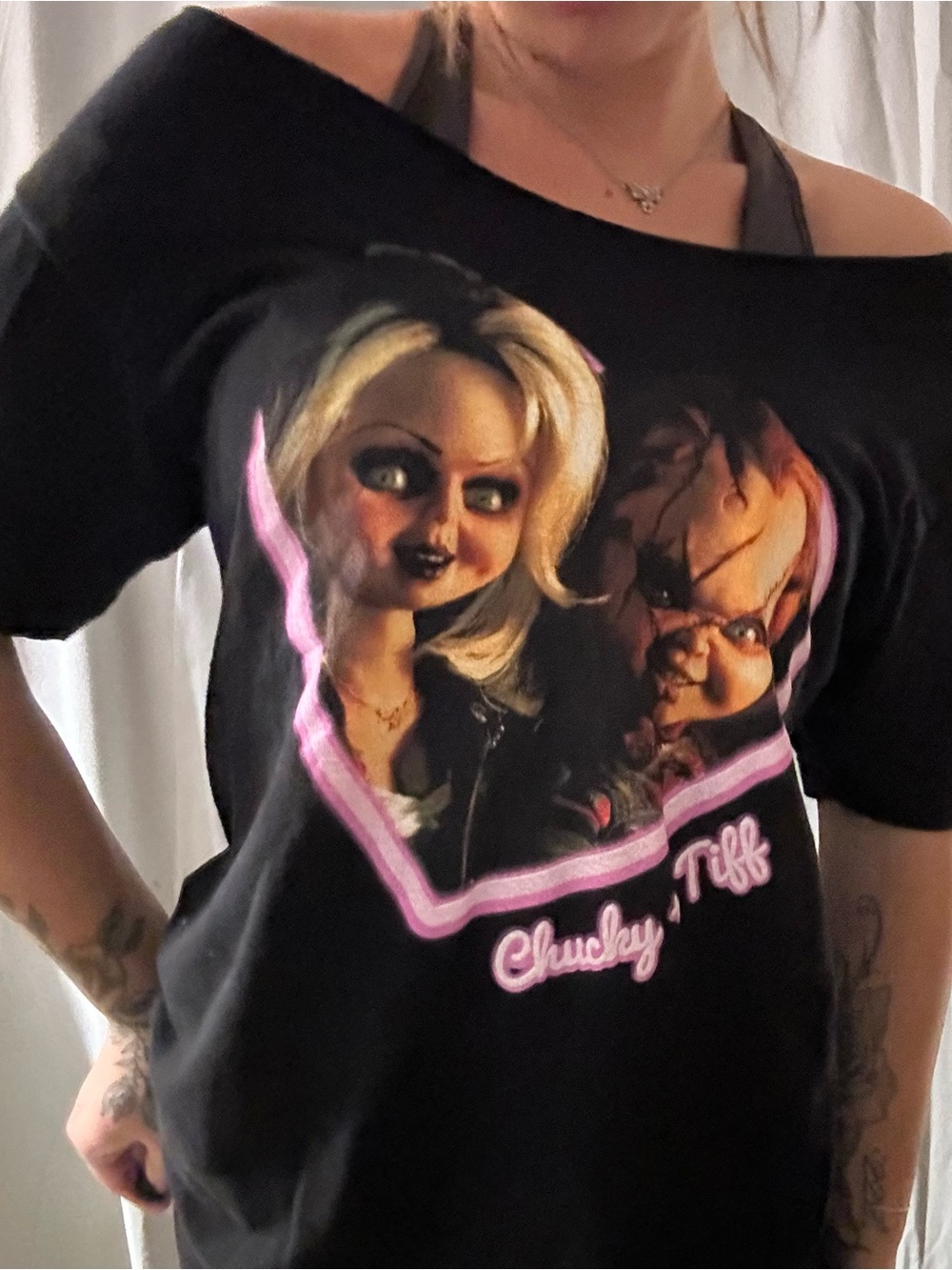 Chucky & Tiff Black Graphic Off Shoulder Tee